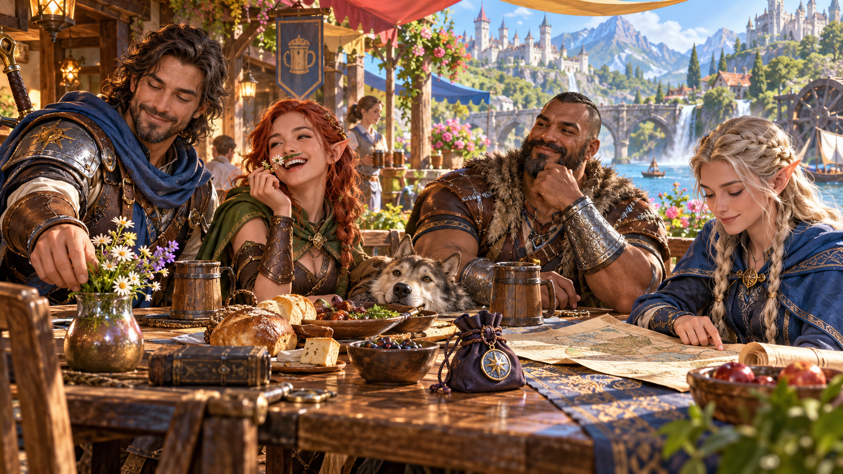 Illustration of companions sharing food and laughter at a riverside inn beside a dog and a map
