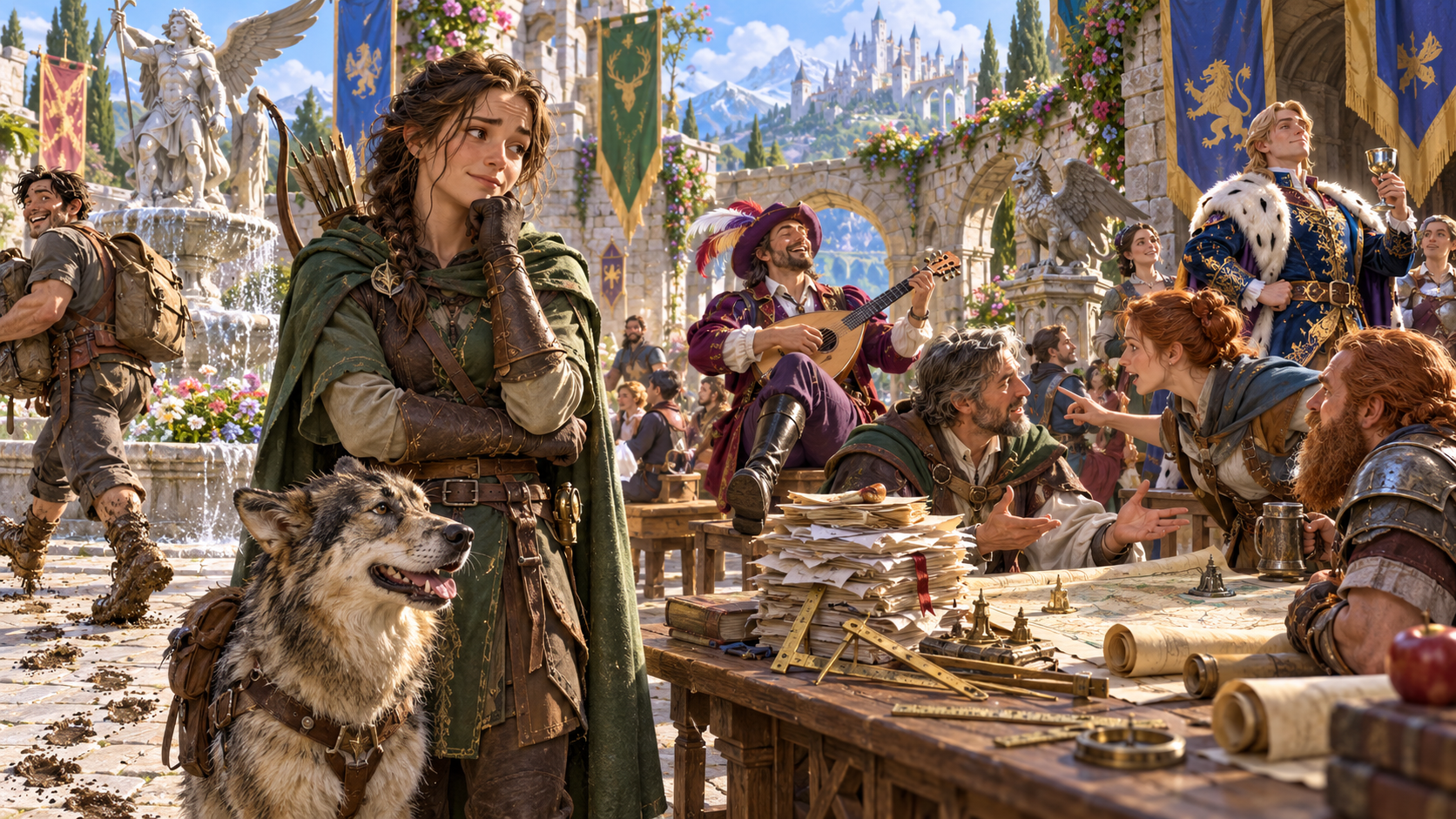 Illustration of an archer and dog beside a bard, scattered papers, muddy footprints and courtyard companions