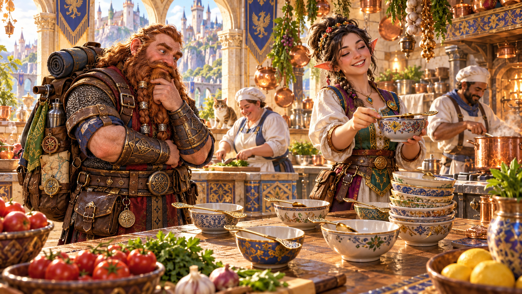 Illustration of a thoughtful dwarf and an elf arranging spoons beside bowls in a sunlit palace kitchen